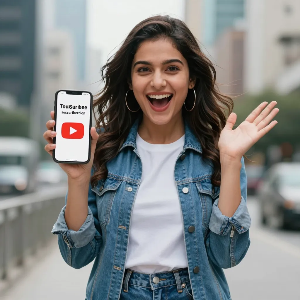 Influencer showing YouTube success on phone